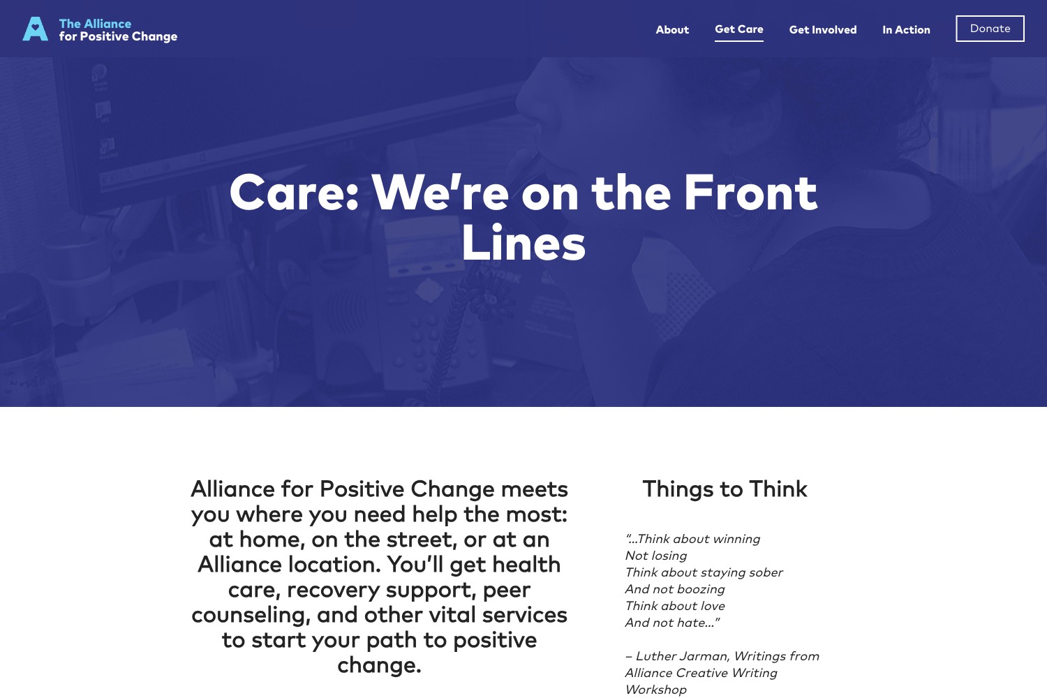 The Alliance's Get Care page with a blue photo banner, service introduction and a poem beside the text