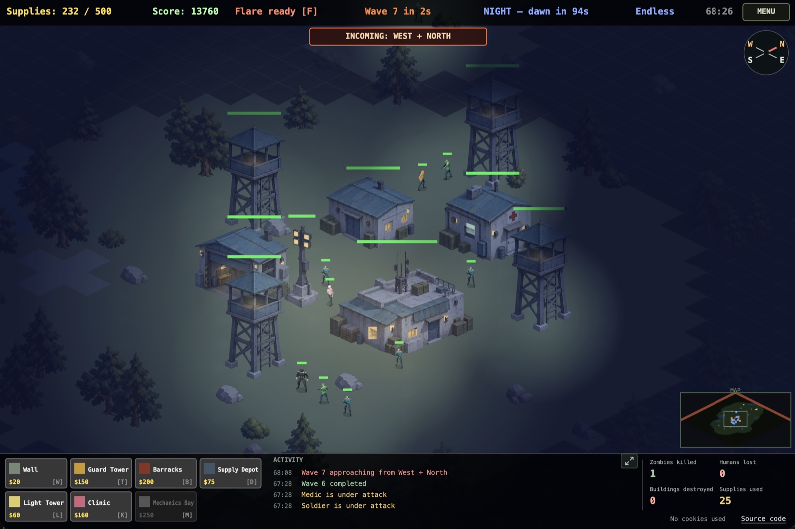 The same zombie-survival game at night, with the camp lit against a dark map and a warning of an incoming wave from the west and north