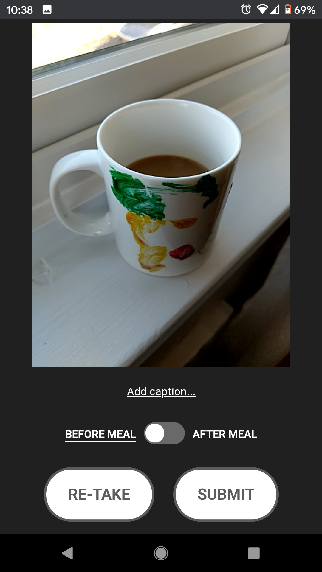 Food Photo's preview screen with a coffee photo, caption link, before or after meal toggle, and retake and submit buttons