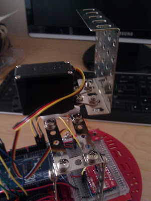 Close-up of the robot electronics and metal sensor mount