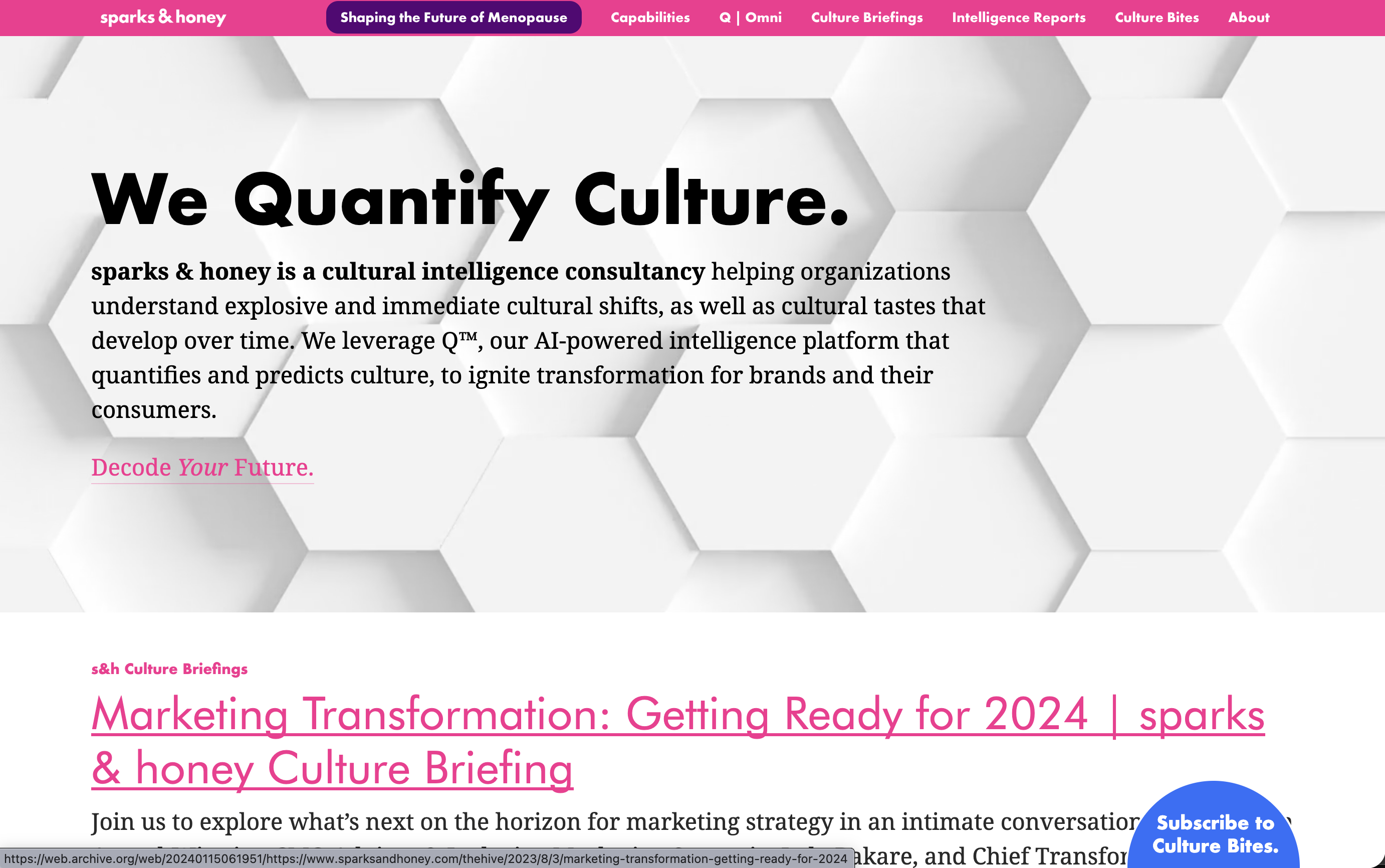 The earlier sparks & honey homepage with pink navigation, a white hexagonal background and the heading We Quantify Culture