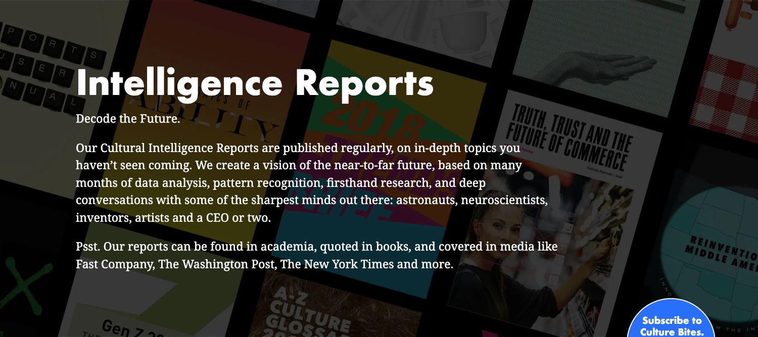 The Intelligence Reports introduction over a darkened collage of report covers