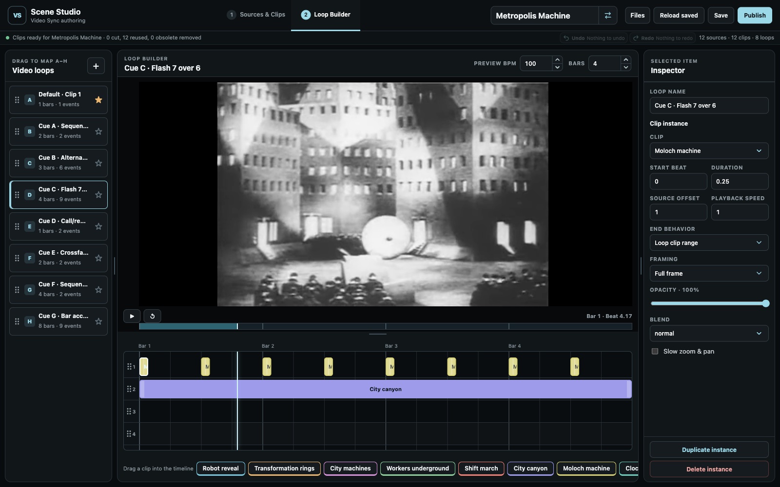 Scene Studio's Loop Builder tab, with a film preview, Hot Cue loop list, layered beat timeline and clip inspector