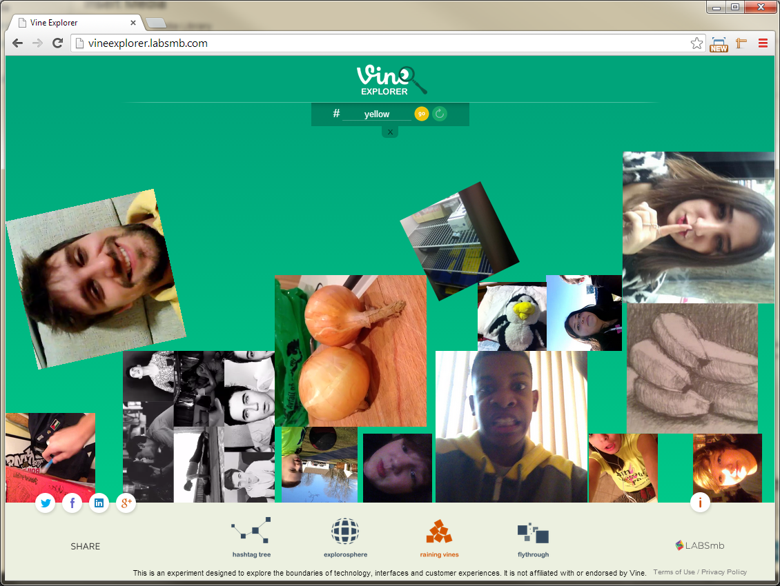 Vine Explorer displaying falling video tiles in its raining vines view