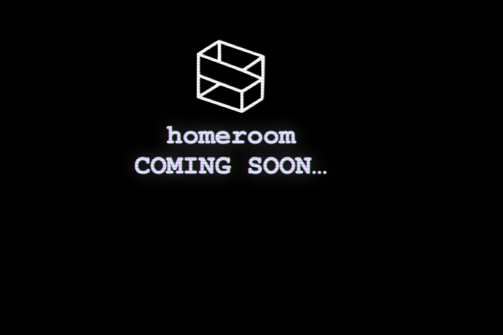 Homeroom's 2018 landing page with its white geometric logo and coming-soon message on a black background